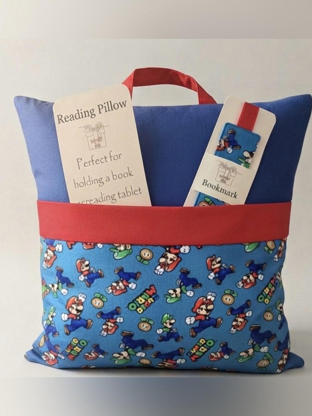 Handmade Super Mario Blue and Red Reading Pillow with Bookmark